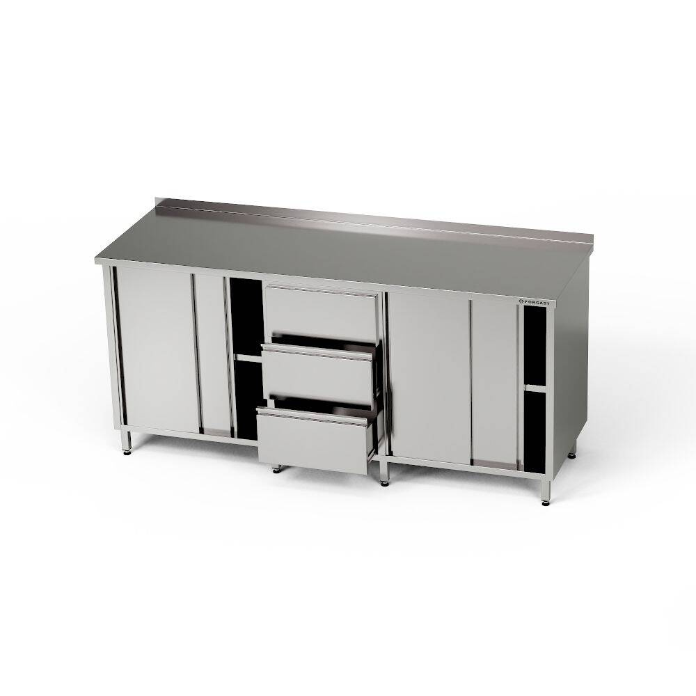 Masă de lucru din oțel inoxidabil cu 2 dulapuri și bloc cu 3 sertare 250x60x85 cm | FORGAST