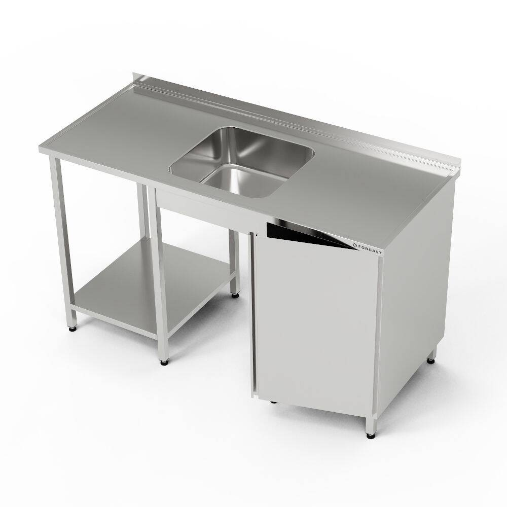 Masă inox cu chiuvetă cu 1 vas, dulap și raft 180x60x85 cm | FORGAST