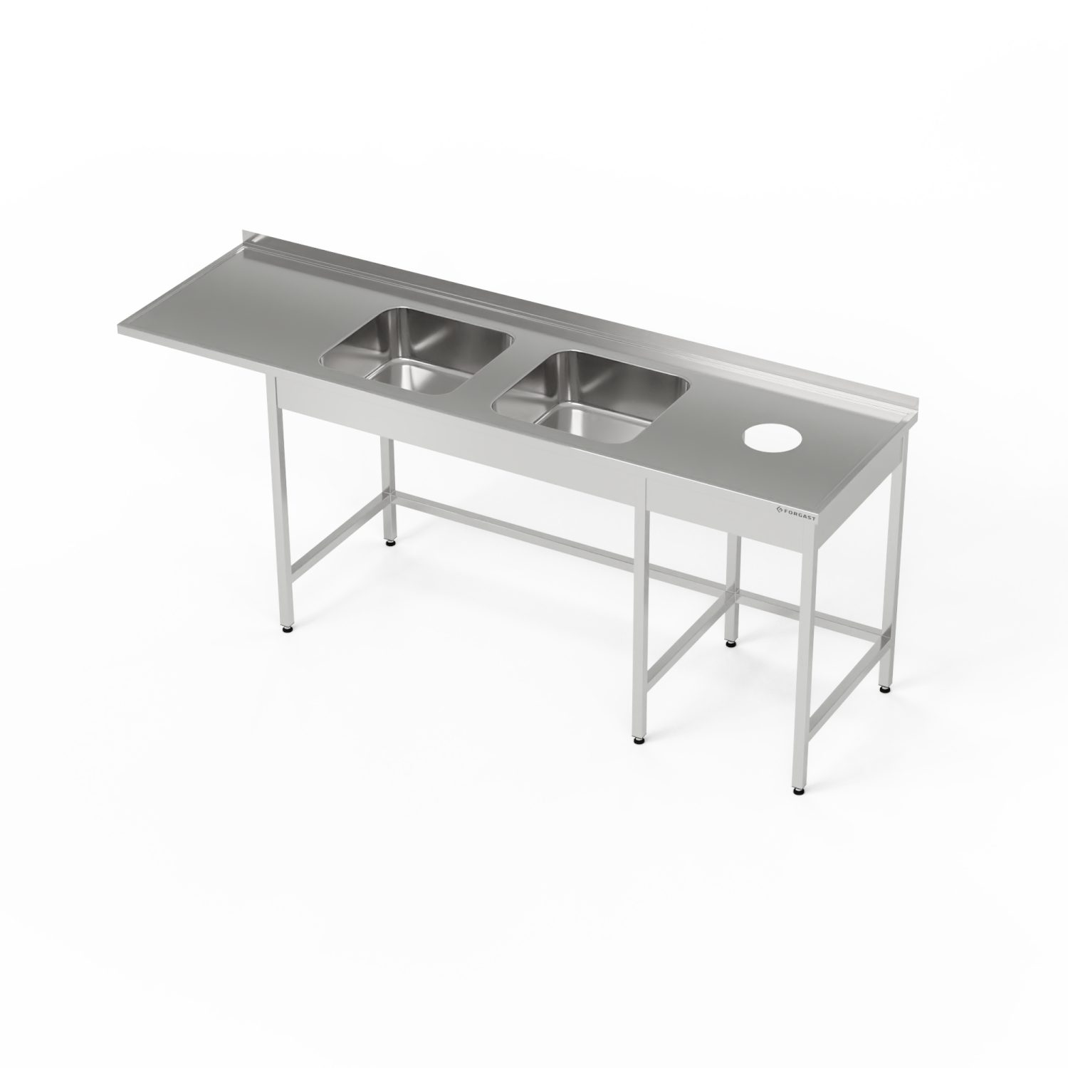 Masă inox cu chiuvetă cu 2 vase, spațiu pentru mașina de spălat vase și deschidere pentru deșeuri 270x60x85 cm | FORGAST