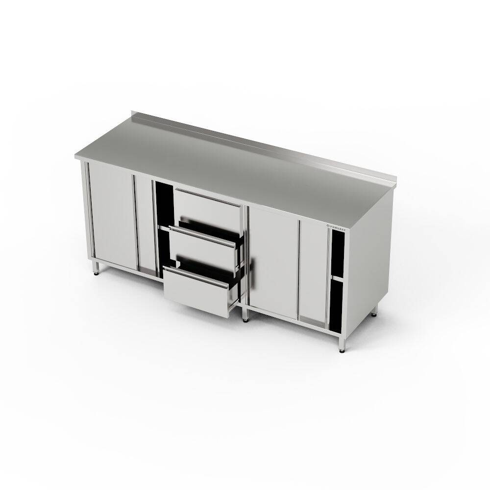 Masă de lucru din oțel inoxidabil cu 2 dulapuri și bloc cu 3 sertare 230x60x85 cm | FORGAST