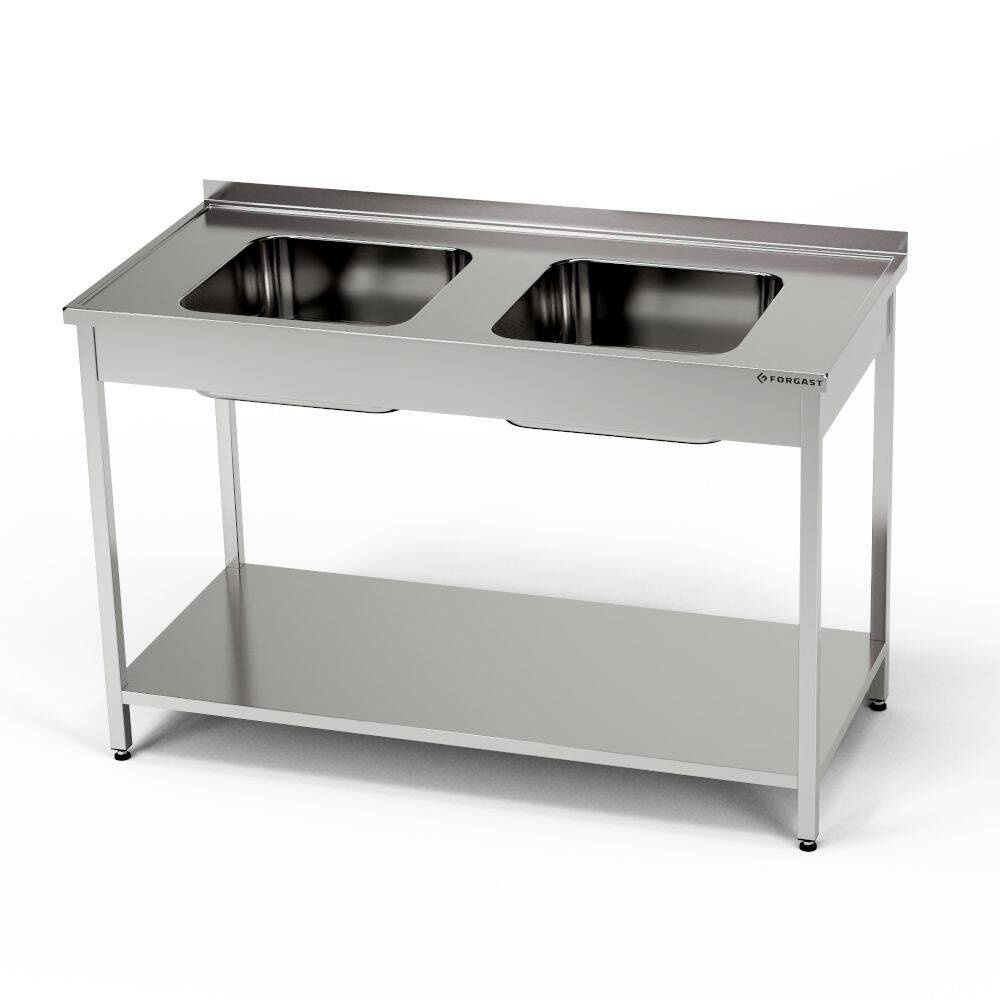 Masă inox cu chiuvetă cu 2 căzi și raft 130x70x85 cm | FORGAST