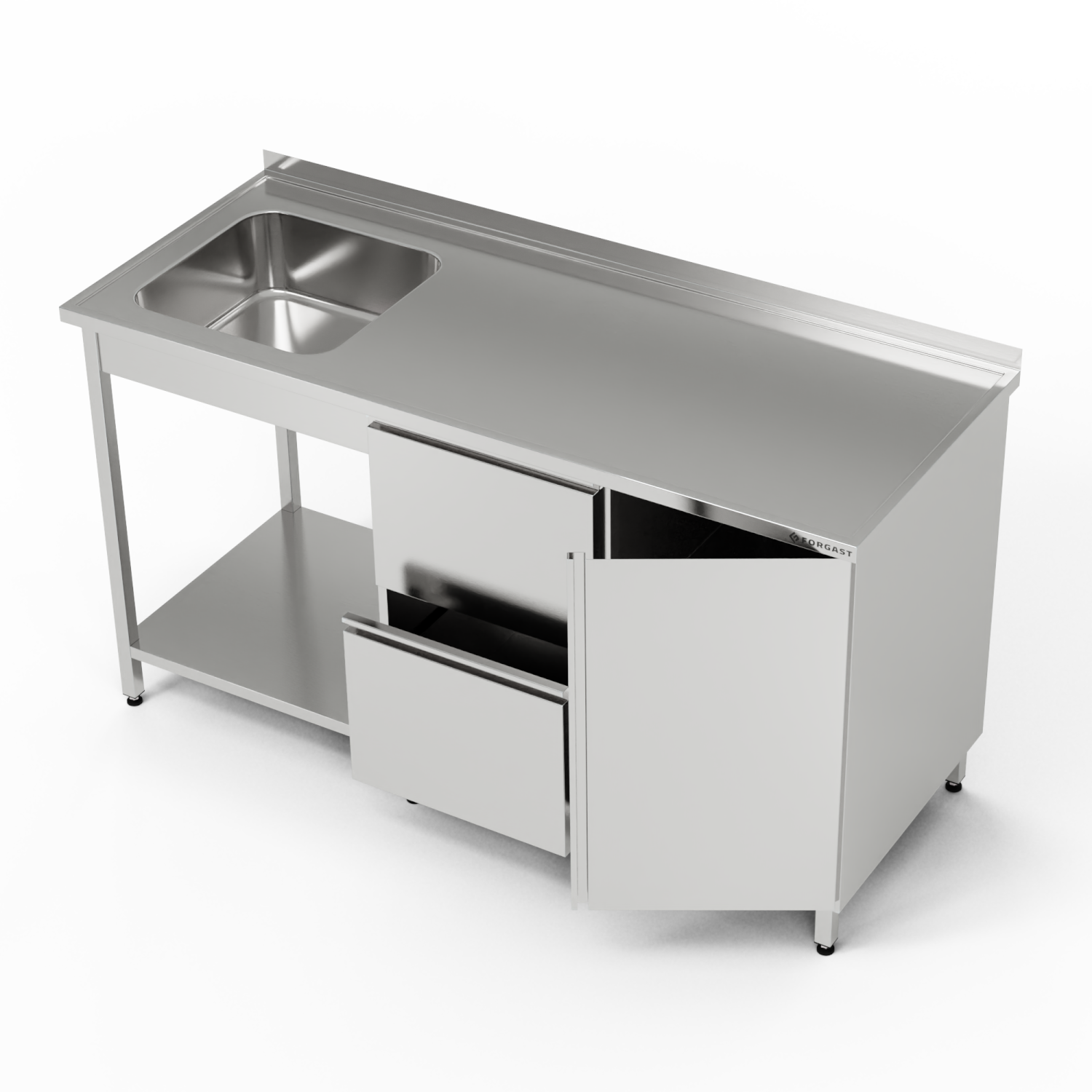 Masă inox cu chiuvetă cu 1 vas, dulap și bloc de sertare și raft 180x70x85 cm | FORGAST