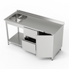 Masă inox cu chiuvetă cu 1 vas, dulap și bloc de sertare și raft 170x60x85 cm | FORGAST
