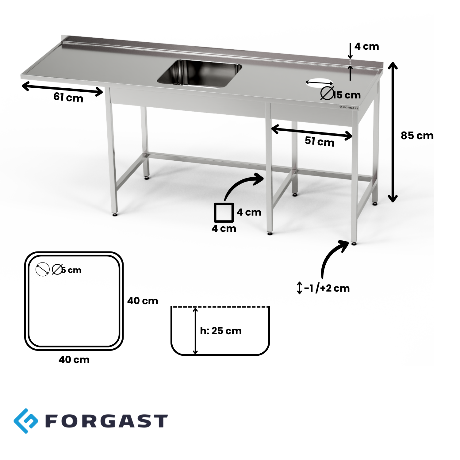 Masă inox cu chiuvetă cu 1 vas, spațiu pentru mașina de spălat vase și deschidere pentru deșeuri 250x70x85 cm | FORGAST