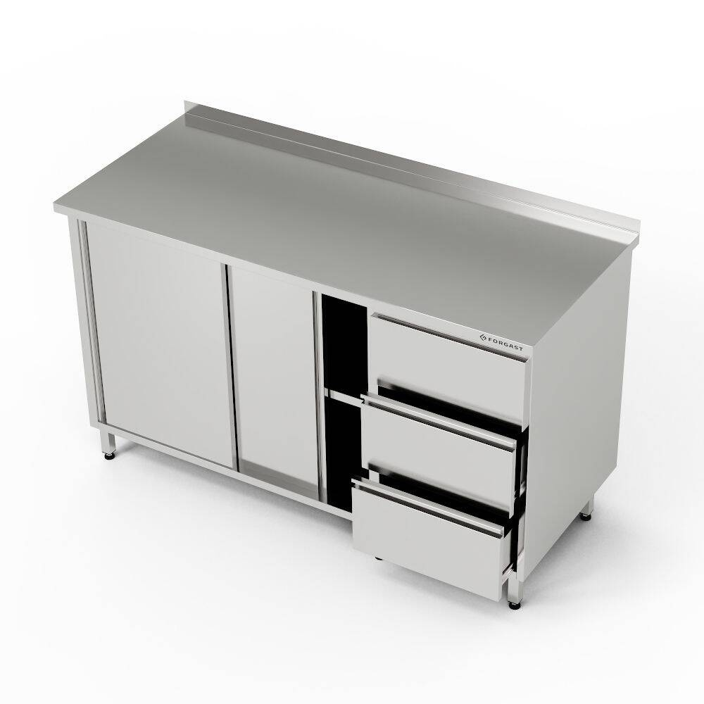 Masă de lucru din oțel inoxidabil cu dulap și bloc cu 3 sertare 120x70x85 cm | FORGAST