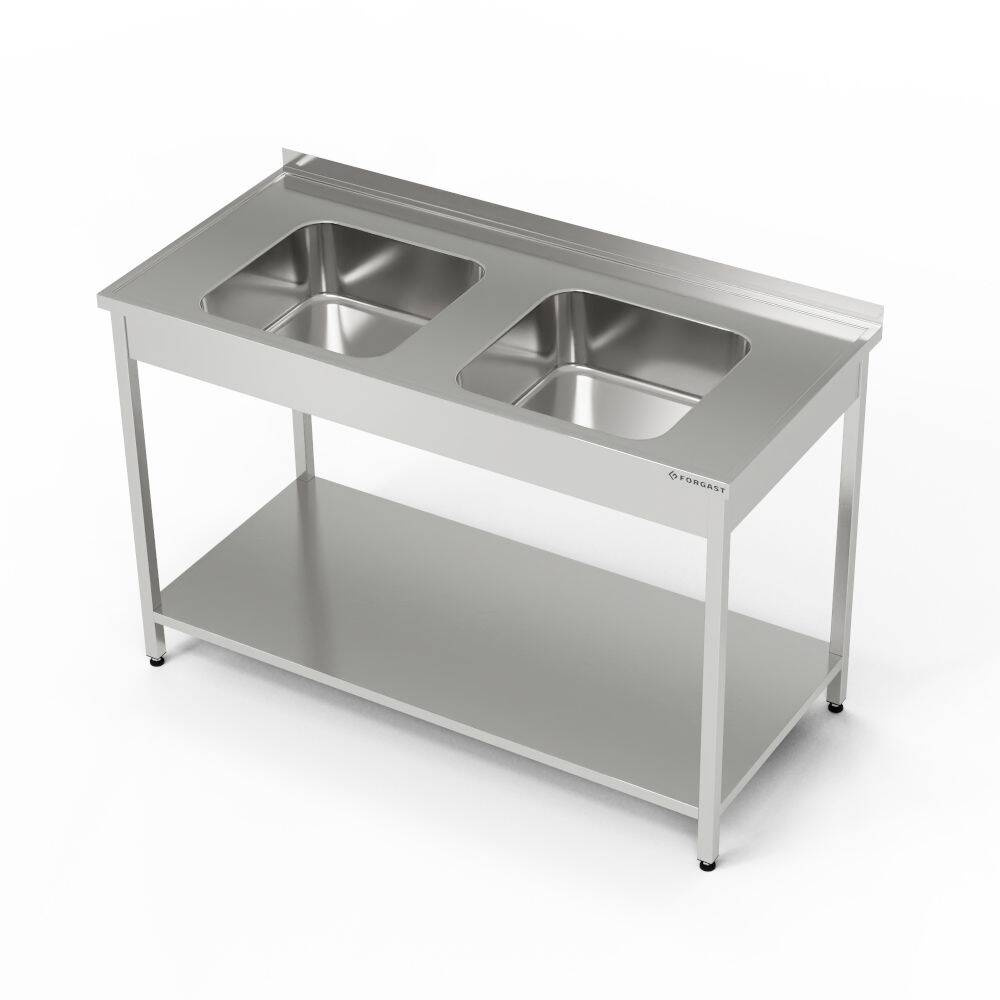 Masă inox cu chiuvetă cu 2 căzi și raft 140x70x85 cm | FORGAST