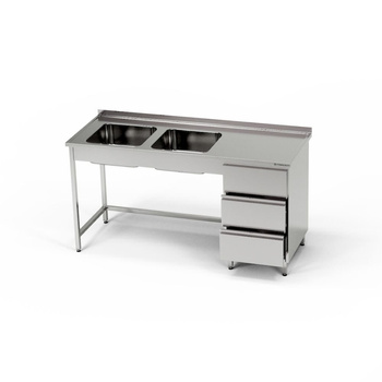 Masă inox cu chiuvetă cu 2 căzi și bloc cu 3 sertare 170x60x85 cm | FORGAST