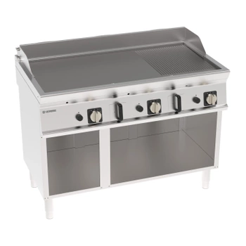 Placă pentru grătar cu gaz 2/3 netedă, 1/3 canelată, pe o bază deschisă 120 cm | TECNOINOX 713160
