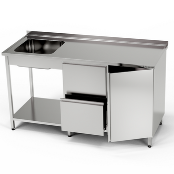 Masă inox cu chiuvetă cu 1 vas, dulap și bloc de sertare și raft 170x70x85 cm | FORGAST