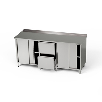 Masă de lucru din oțel inoxidabil cu 2 dulapuri și 2 sertare bloc 260x60x85 cm | FORGAST