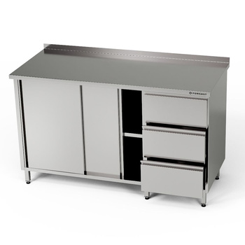 Masă de lucru din oțel inoxidabil cu dulap și bloc cu 3 sertare 260x60x85 cm | FORGAST