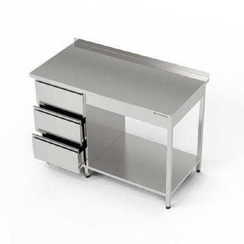 Masă de lucru din oțel inoxidabil cu bloc de sertare și raft 150x70x85 cm | FORGAST