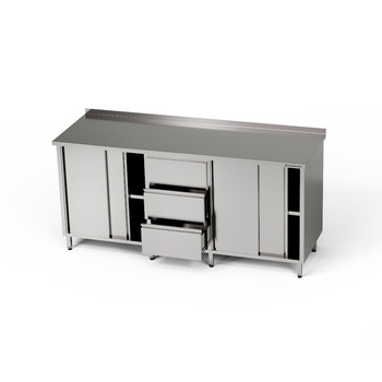 Masă de lucru din oțel inoxidabil cu 2 dulapuri și bloc cu 3 sertare 200x60x85 cm | FORGAST