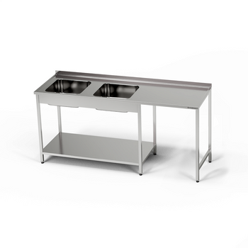 Masă inox cu chiuvetă cu 2 căzi și spațiu pentru mașina de spălat vase 230x70x85 cm | FORGAST