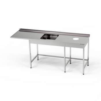 Masă din inox cu chiuvetă cu 1 vas, spațiu pentru mașina de spălat vase și evacuare a deșeurilor 200x70x85 cm | FORGAST