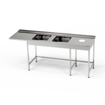 Masă din inox cu chiuvetă cu 2 căzi, mașină de spălat vase și evacuare a deșeurilor 230x70x85 cm | FORGAST
