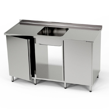 Masă inox cu chiuvetă cu 1 vas, 2 dulapuri și raft 240x60x85 cm | FORGAST