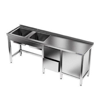 Masă inox cu chiuvetă cu 2 compartimente 260x70x85 cm | FORGAST