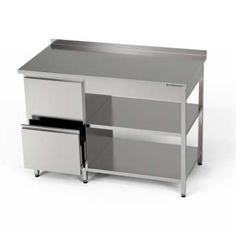 Masă de lucru din oțel inoxidabil cu bloc de sertare și două rafturi 140x70x85 cm | FORGAST