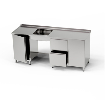 Masă inox cu chiuvetă cu 1 vas, dulap și bloc de sertare și dulap 200x70x85 cm | FORGAST