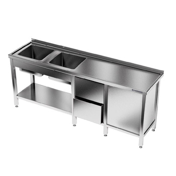 Masă inox cu chiuvetă cu 2 compartimente 230x60x85 cm | FORGAST