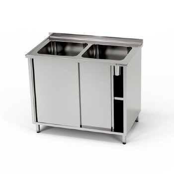 Masă inox cu chiuvetă cu 2 căzi și dulap 170x60x85 cm | FORGAST