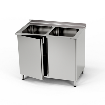 Masă inox cu chiuvetă cu 2 căzi și dulap 120x70x85 cm | FORGAST