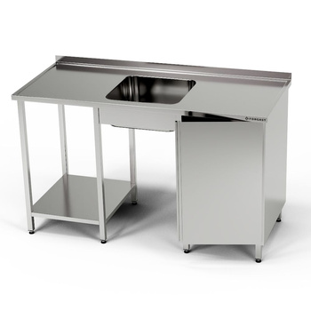 Masă inox cu chiuvetă cu 1 vas, dulap și raft 140x70x85 cm | FORGAST