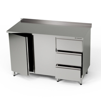 Masă de lucru din oțel inoxidabil cu dulap și bloc cu 3 sertare 120x70x85 cm | FORGAST