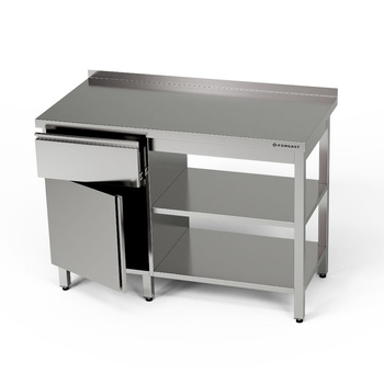 Masă de lucru din oțel inoxidabil cu dulap, sertar și 2 rafturi 150x60x85 cm | FORGAST