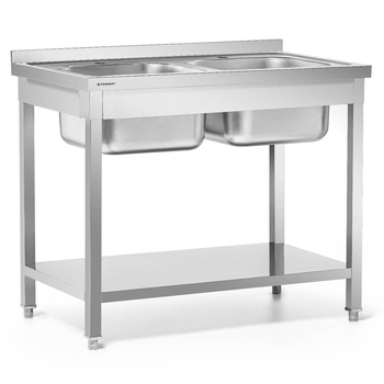 Masă inoxidabilă cu chiuvetă cu 2 compartimente și raft 100x60x85 demontabilă | FORGAST FG15339