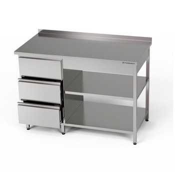 Masă de lucru din oțel inoxidabil cu bloc de sertare și două rafturi 130x60x85 cm | FORGAST
