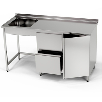 Masă inox cu chiuvetă cu 1 vas, dulap și bloc de sertare 140x70x85 cm | FORGAST