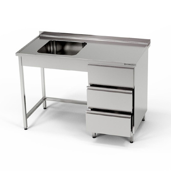 Masă inox cu chiuvetă cu 1 vas și bloc cu 3 sertare 130x70x85 cm | FORGAST