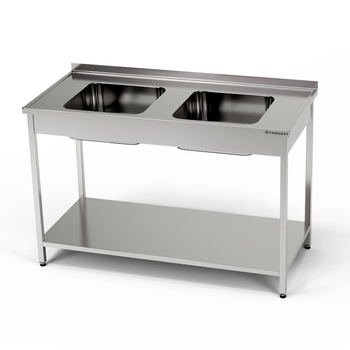 Masă inox cu chiuvetă cu 2 căzi și raft 150x60x85 cm | FORGAST