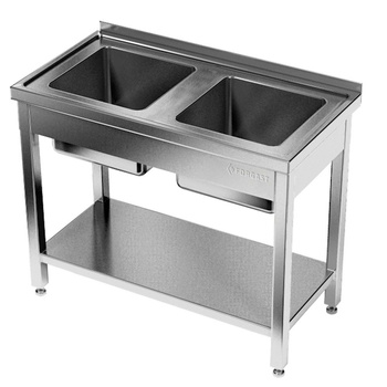 Masă inox cu chiuvetă cu 2 căzi și raft 100x60x85 cm | FORGAST