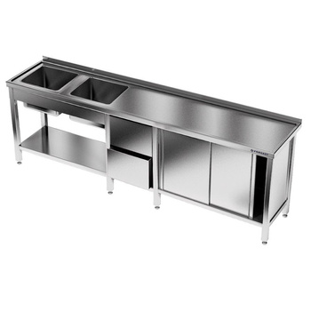 Masă inox cu chiuvetă cu 2 compartimente 260x60x85 cm | FORGAST
