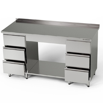 Masă de lucru din oțel inoxidabil cu 2 blocuri de 3 sertare și raft 260x60x85 cm | FORGAST