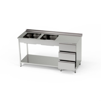 Masă inox cu chiuvetă cu 2 căzi și bloc cu 3 sertare și raft 170x60x85 cm | FORGAST